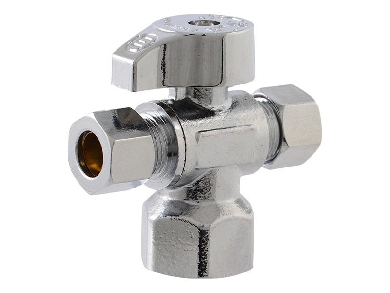 Eastman Quarter-Turn Dual Outlet 3-Way Stop Valve, 3/8 Inch OD Compression x 3/8 Inch OD Compression x 5/8 Inch OD Compression, Chrome Plated, 48652LF
